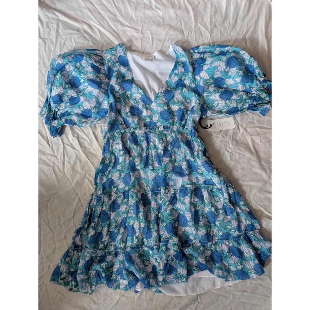 SAYLOR Women's‎ Blue Green Floral Puff Sleeve Tiered Mini Dress Size S